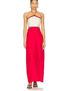 REVOLVE Red and Cream Halter Maxi Dress with Waist Cutouts